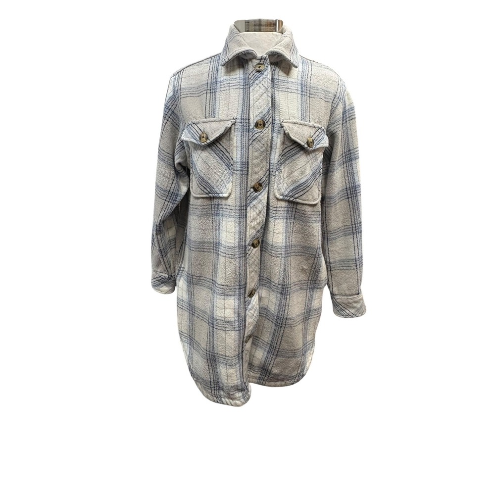 Aerie Plaid Flannel Shacket Oversized Button Front Jacket Blue Cream Fall Soft S